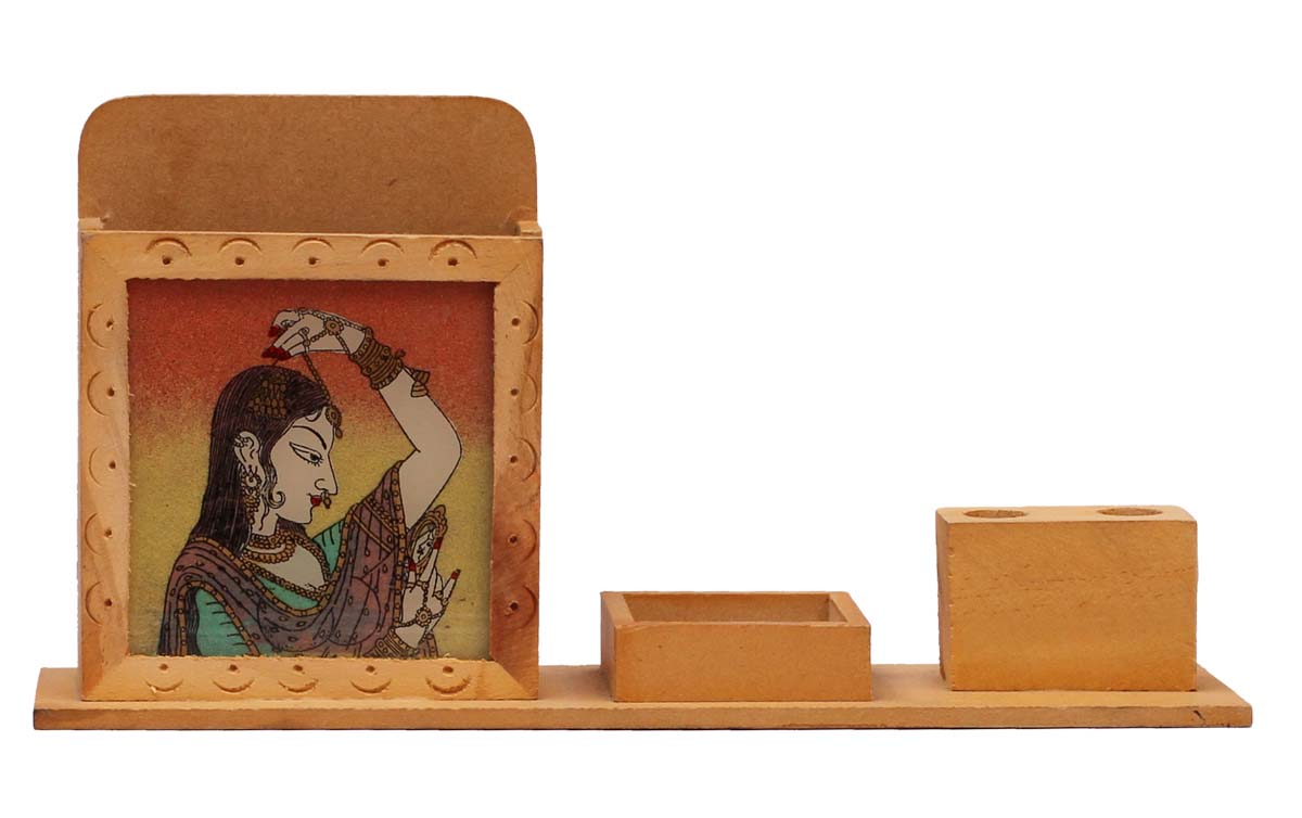 Bulk Wholesale Handcrafted Desk Organizer in Palm Wood with Gem Stone Dust Painting of a Lady – Antique Style Art-Piece from India