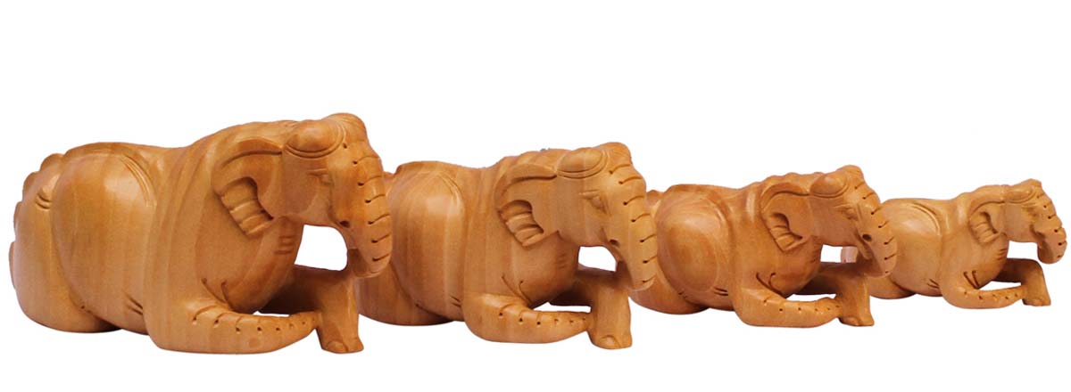 Bulk Wholesale - 6" Hand-Carved Sitting Elephant Sculptures / Statues in Wood – Set of 4 – Artistic Home Decor