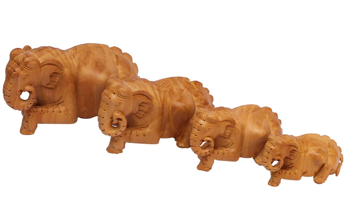 Bulk Wholesale - 6" Hand-Carved Sitting Elephant Sculptures / Statues in Wood – Set of 4 – Artistic Home Decor
