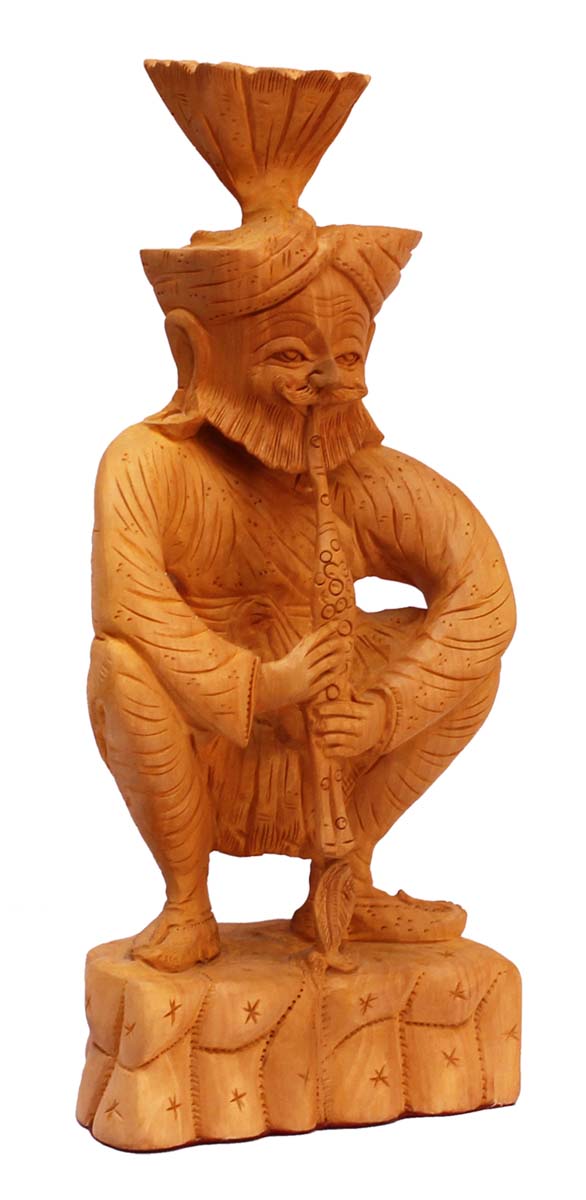 Bulk Wholesale 12" Hand-Carved Wood Statue / Sculpture of ‘Snake Charmer with Bansuri’ – Home Décor from India with Traditional Indian Motif Carving