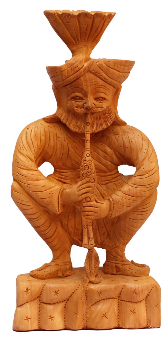 Bulk Wholesale 12" Hand-Carved Wood Statue / Sculpture of ‘Snake Charmer with Bansuri’ – Home Décor from India with Traditional Indian Motif Carving