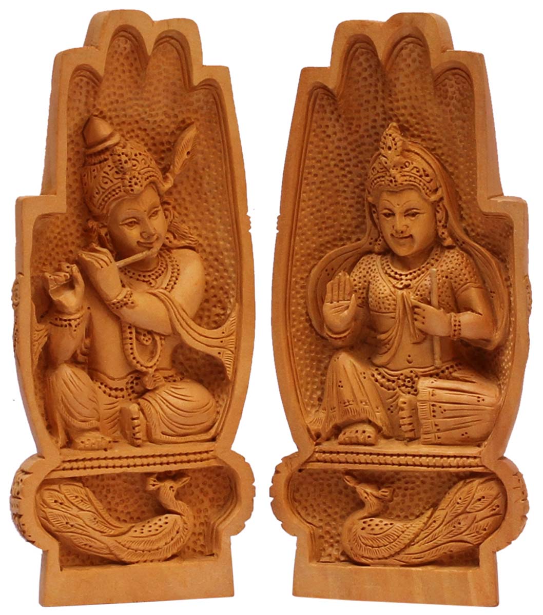 Wholesale 7” Hand Carved Lord Krishna & Goddess Radha Figurine/Statue Inside Namaste Pose Statue - Bulk Buy Home Decor Item with Intricate Carving in Wood from India