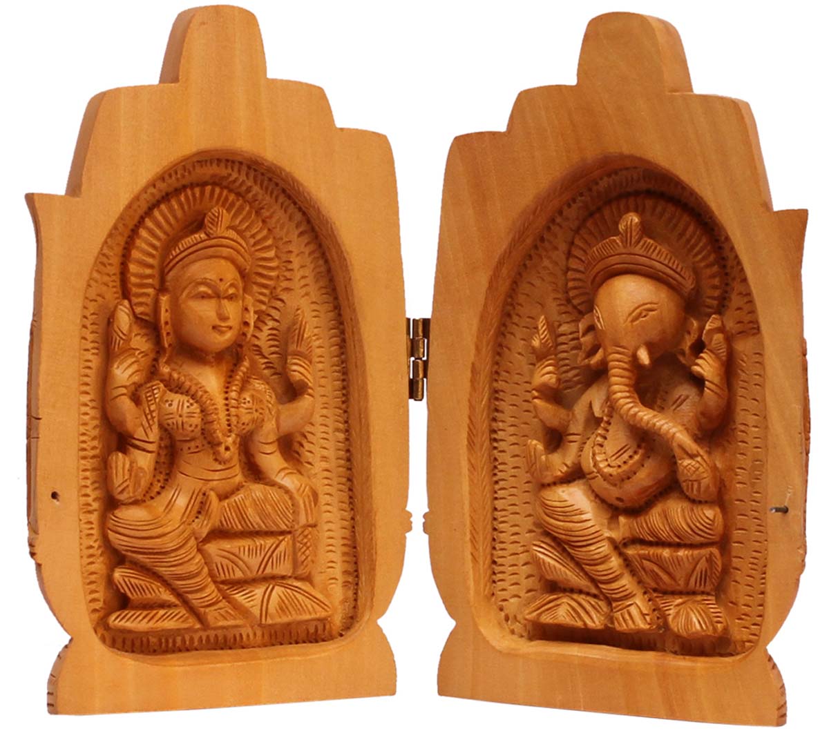 Bulk Wholesale 3.3" Hand-Carved Showpiece in Namaste Pose with Carving of Lord Ganesha & Goddess Laxmi Inside the Hands – Home Décor Items from India in Kadam-Wood