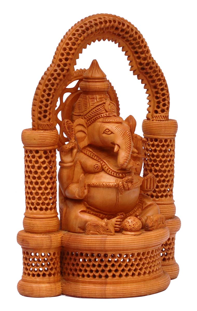Bulk Wholesale 8" Hand-Carved Auspicious Statue / Sculpture / Idol of ‘Lord Ganesha’ in Wood Decorated with Open-Work – Traditional-Look Home Décor Items from India