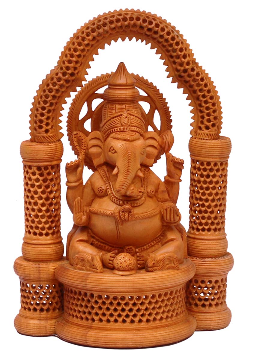 Bulk Wholesale 8" Hand-Carved Auspicious Statue / Sculpture / Idol of ‘Lord Ganesha’ in Wood Decorated with Open-Work – Traditional-Look Home Décor Items from India