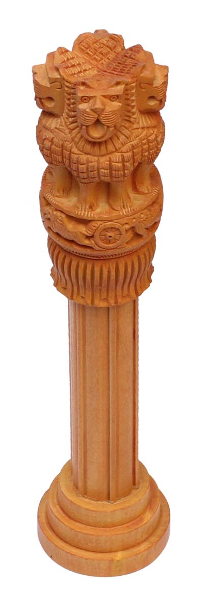 Wholesale 10” Ashoka Pillar/Indian National Emblem in Bulk - Source Hand Carved Wood ‘Ashoka Pillar with 4 Lions’ Centerpiece/Decorative Showcase - Home/Table & Office Decor from India