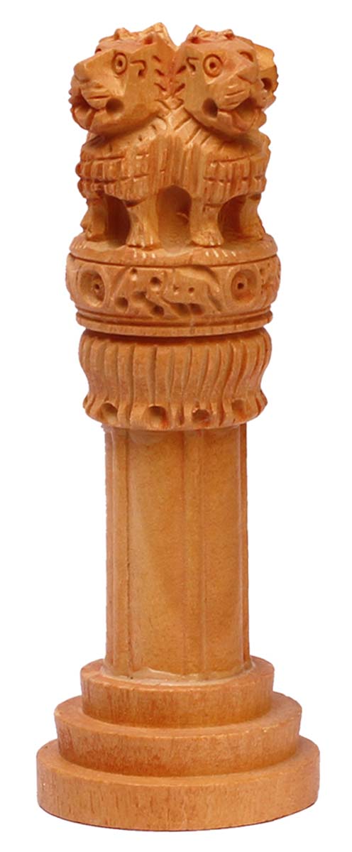 Wholesale 4” Ashoka Pillar/Indian National Emblem in Bulk - Source Hand Carved Wood ‘Ashoka Pillar with 4 Lions’ Centerpiece/Decorative Showcase - Home/Table & Office Decor from India