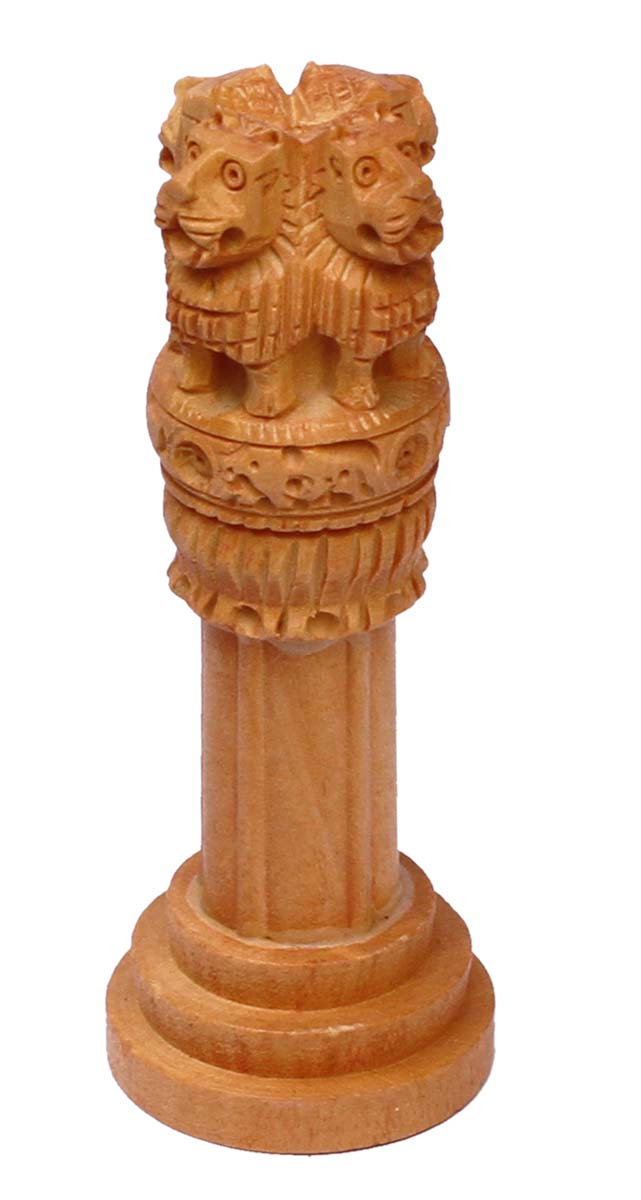Wholesale 4” Ashoka Pillar/Indian National Emblem in Bulk - Source Hand Carved Wood ‘Ashoka Pillar with 4 Lions’ Centerpiece/Decorative Showcase - Home/Table & Office Decor from India
