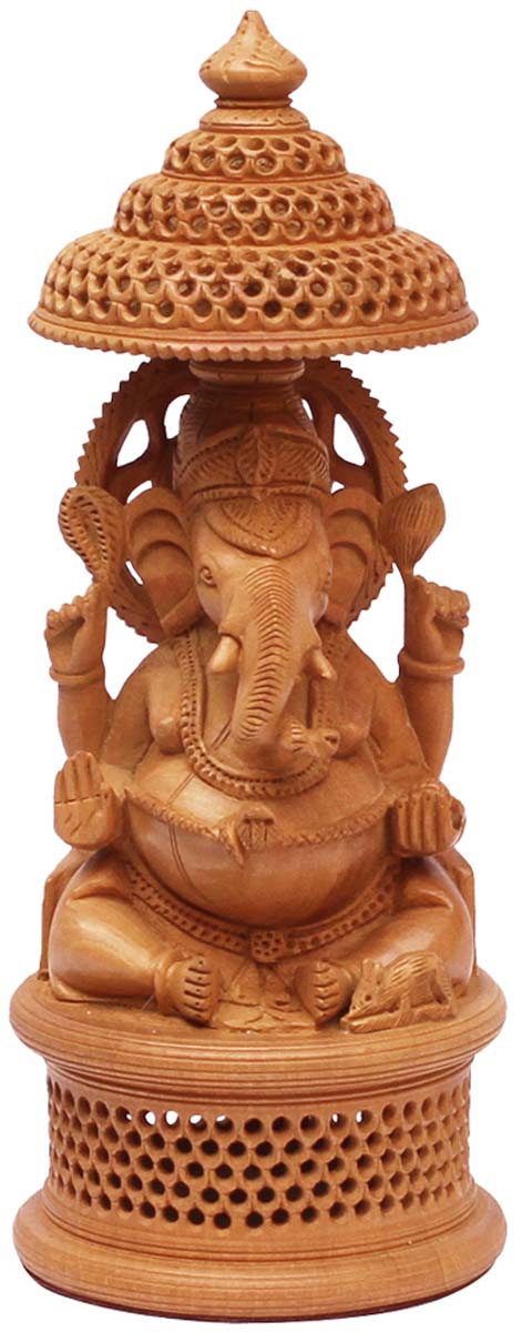 Wholesale Lord Ganesha Figurine - Buy in Bulk 8.5” Hand Carved Wooden Hindu God Ganpati Figurine/Statue Sitting on Throne under Chatra/Umbrella’ in Wood - Unique Good Luck Charms Sculpture - Home & Office Decor
