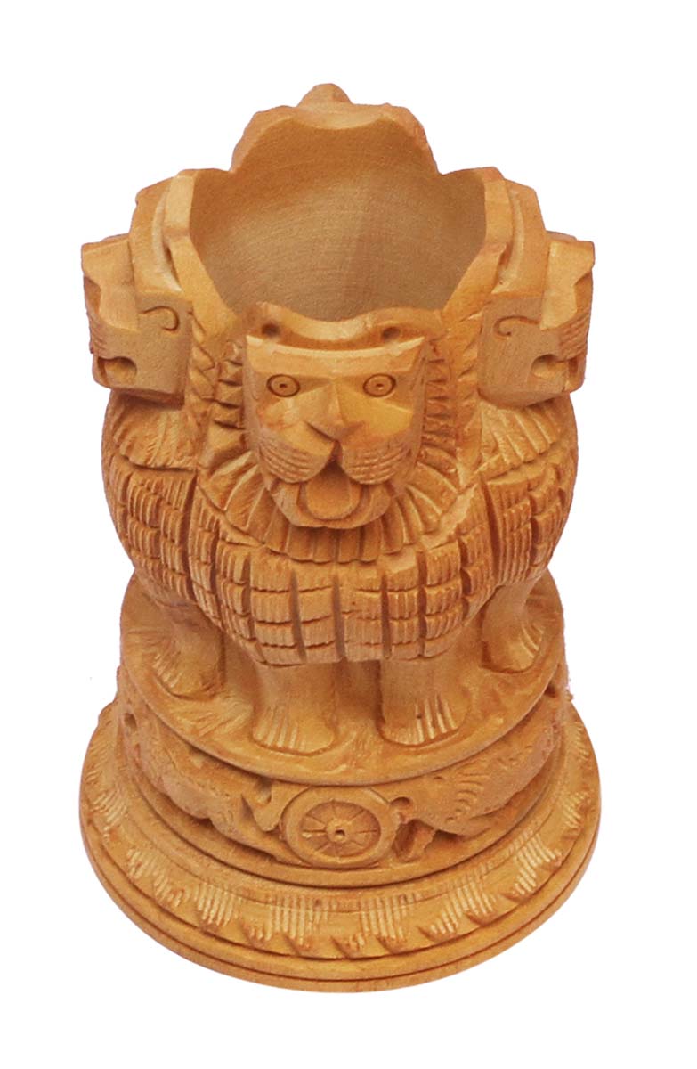 Bulk Wholesale Hand-Carved Kadam-Wood Pen-Stand / Stationery Organizer in the Design of ‘Ashoka Pillar with 4 Lions’ - Utility Item from India