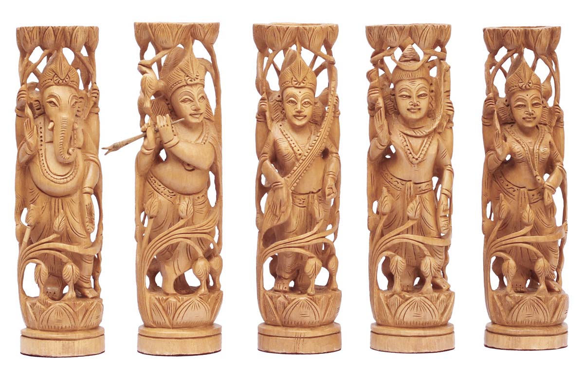 Bulk Wholesale - Hand-Carved Set of 5 Indian Gods in Wood – Auspicious Gifts / Home Decor