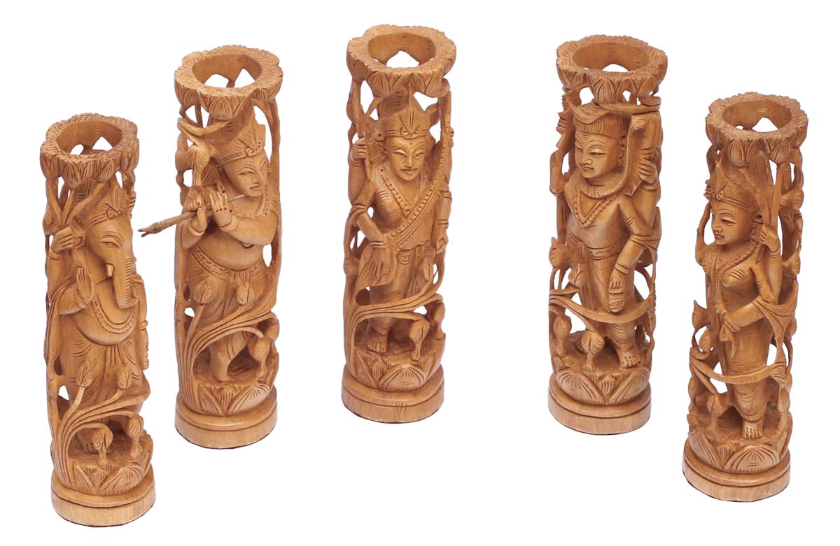 Bulk Wholesale - Hand-Carved Set of 5 Indian Gods in Wood – Auspicious Gifts / Home Decor