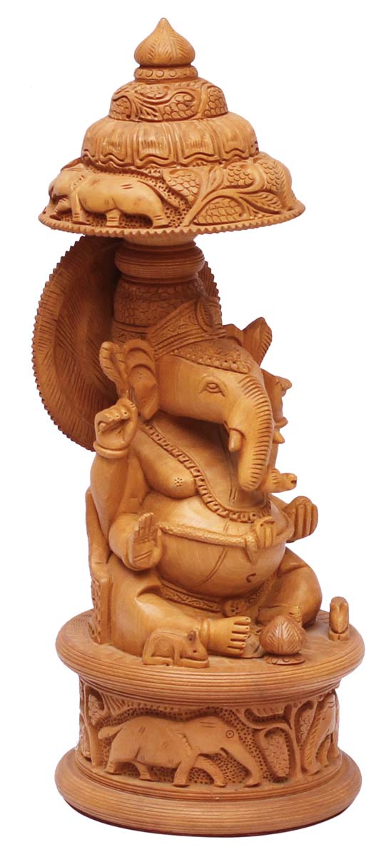 Bulk Wholesale Hand-Carved Statue / Sculpture of ‘Lord Ganesha Sitting Under an Umbrella’ in Wood – Traditional-Look Home Décor Item