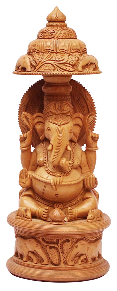 Bulk Wholesale Hand-Carved Statue / Sculpture of ‘Lord Ganesha Sitting Under an Umbrella’ in Wood – Traditional-Look Home Décor Item