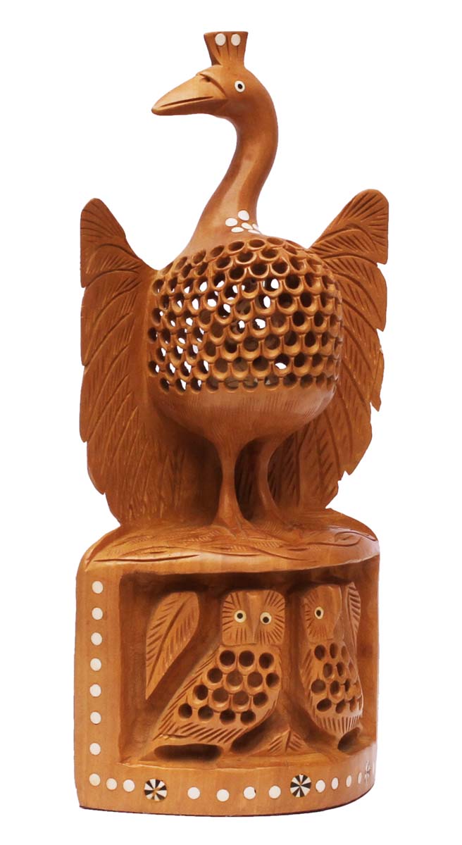 Bulk Wholesale Hand-Carved Statue / Sculpture of ‘Peacock with Open Wings & 2 Owls’ in Wood – Traditional-Look Statue with Open-Work from India
