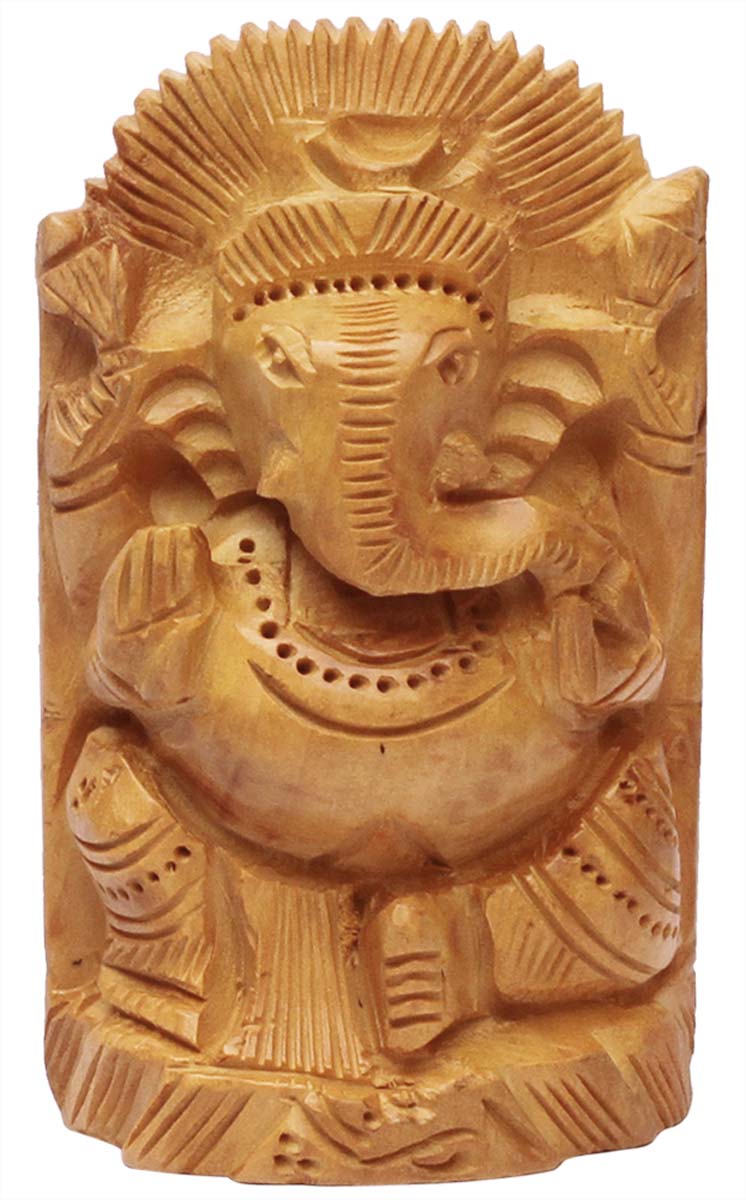 Wholesale Lord Ganesha Figurine - Buy in Bulk 4” Hand Carved Wooden Hindu God Figurine/Statue in Sitting Pose - Unique Good Luck Charms Wood Sculpture - Home & Office Decor