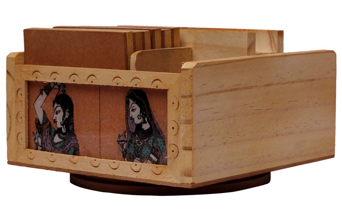 Bulk Wholesale Handcrafted Desk Organizer with Set of 6 Coasters in Kadam Wood– Antique Style Art-Piece with Painting of Ladies Covered with a Glass