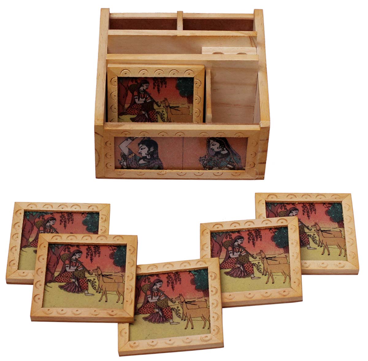 Bulk Wholesale Handcrafted Desk Organizer with Set of 6 Coasters in Kadam Wood– Antique Style Art-Piece with Painting of Ladies Covered with a Glass