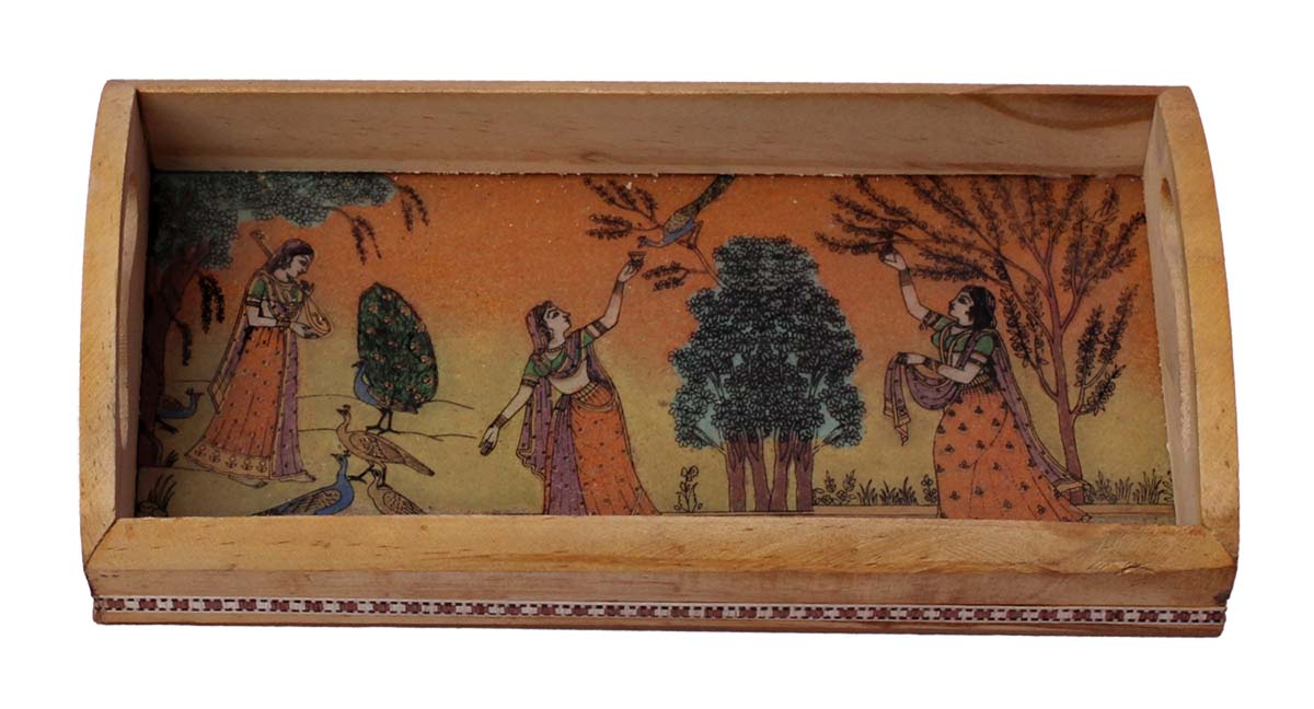 Bulk Wholesale Handcrafted Decorative Serving Tray in Natural Wood– Antique Style Art-Piece with Painting of Ladies Covered with a Glass
