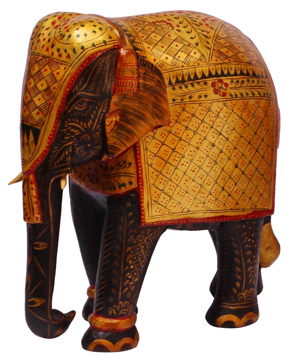 Wholesale 10” Elephant Figurine - Buy in Bulk Hand Carved Wooden Royal Elephant Figurine/Statue - Unique Animal Decor Wood Sculpture - Hand Painted Golden Color Traditional Style Motifs