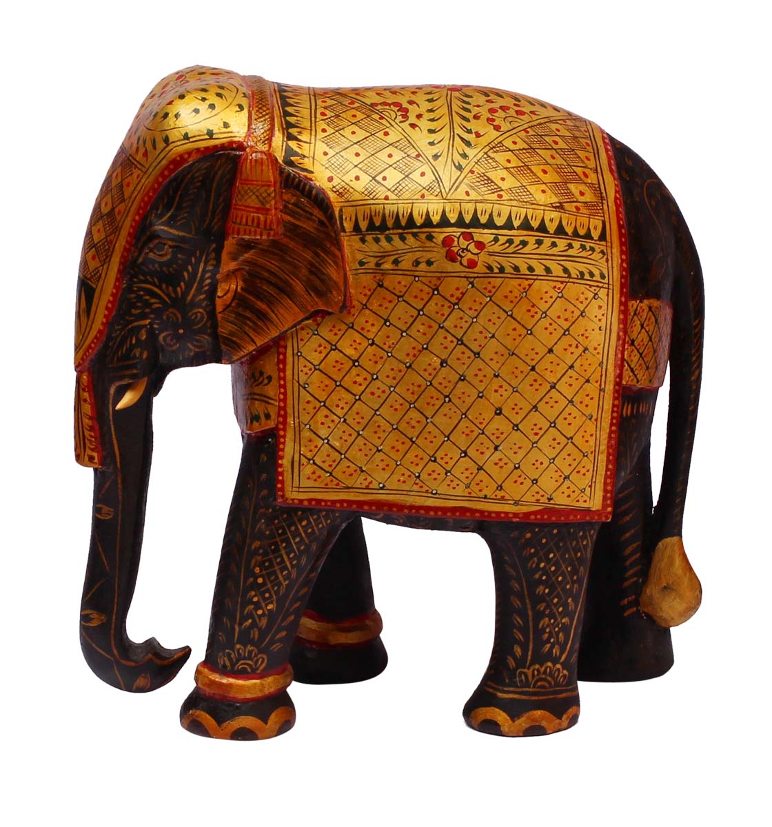 Wholesale 10” Elephant Figurine - Buy in Bulk Hand Carved Wooden Royal Elephant Figurine/Statue - Unique Animal Decor Wood Sculpture - Hand Painted Golden Color Traditional Style Motifs