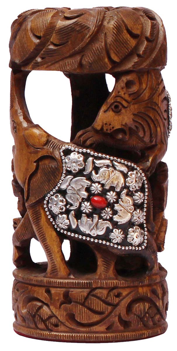 Bulk Wholesale 6” Handmade Show-Piece / Decoration Piece in Kadam-Wood with Animal Design Carving & Unique Metal Work – Old-Style Artifact with Open-Work Art