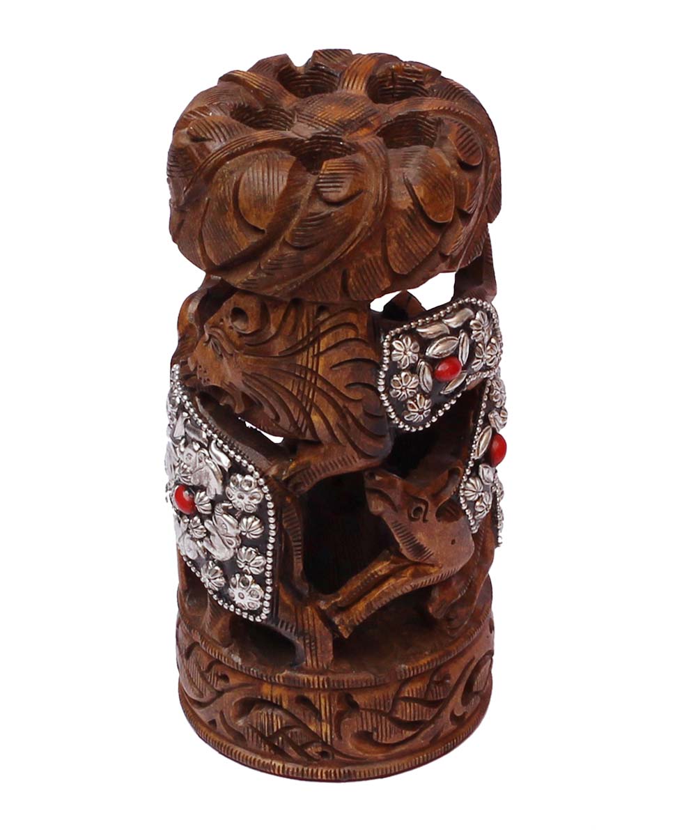 Bulk Wholesale 6” Handmade Show-Piece / Decoration Piece in Kadam-Wood with Animal Design Carving & Unique Metal Work – Old-Style Artifact with Open-Work Art