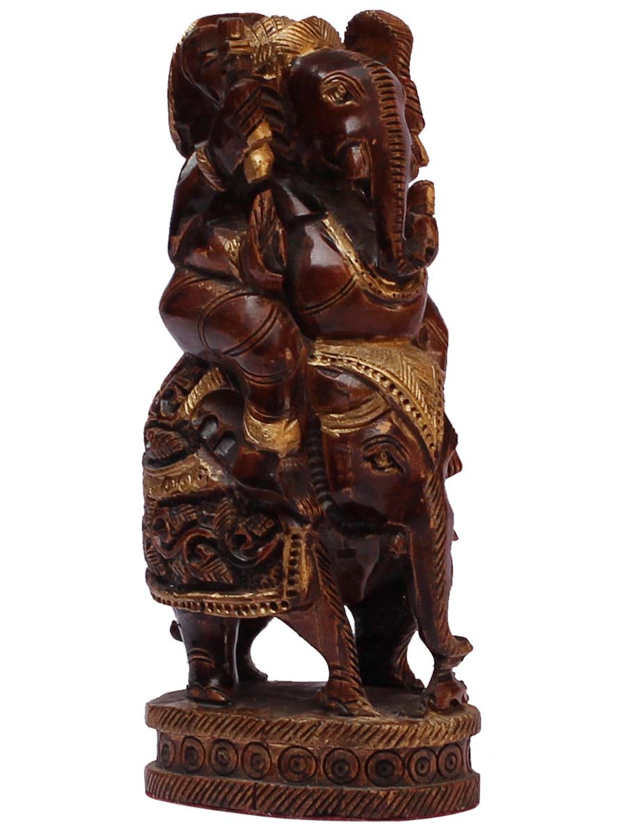 Bulk Wholesale 5” Hand-Carved Wood Statue / Sculpture / Idol of Lord Ganesha Sitting on an Elephant – Antique-Look Art-Pieces from India
