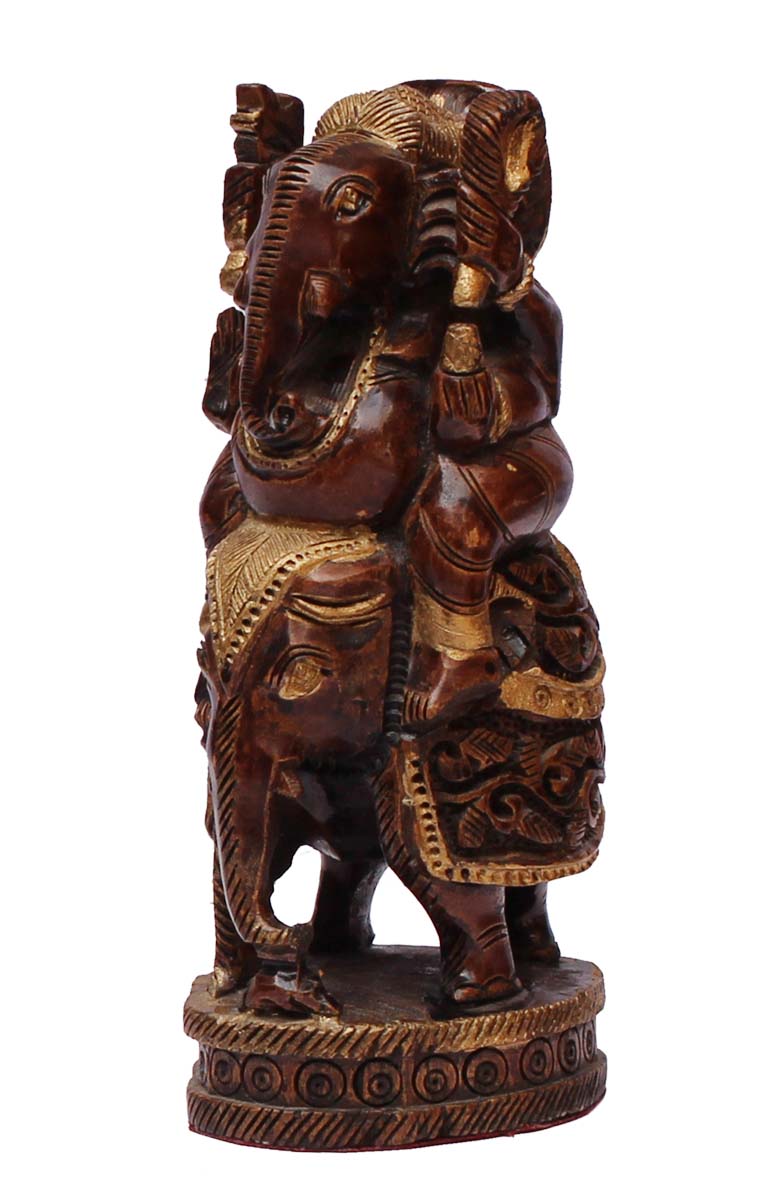 Bulk Wholesale 5” Hand-Carved Wood Statue / Sculpture / Idol of Lord Ganesha Sitting on an Elephant – Antique-Look Art-Pieces from India