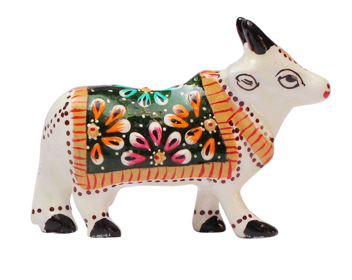 Wholesale Handmade Metal Statue / Sculpture of a Holy Cow in White – Hand-Painted Art-Piece in Traditional Style Emboss Painting