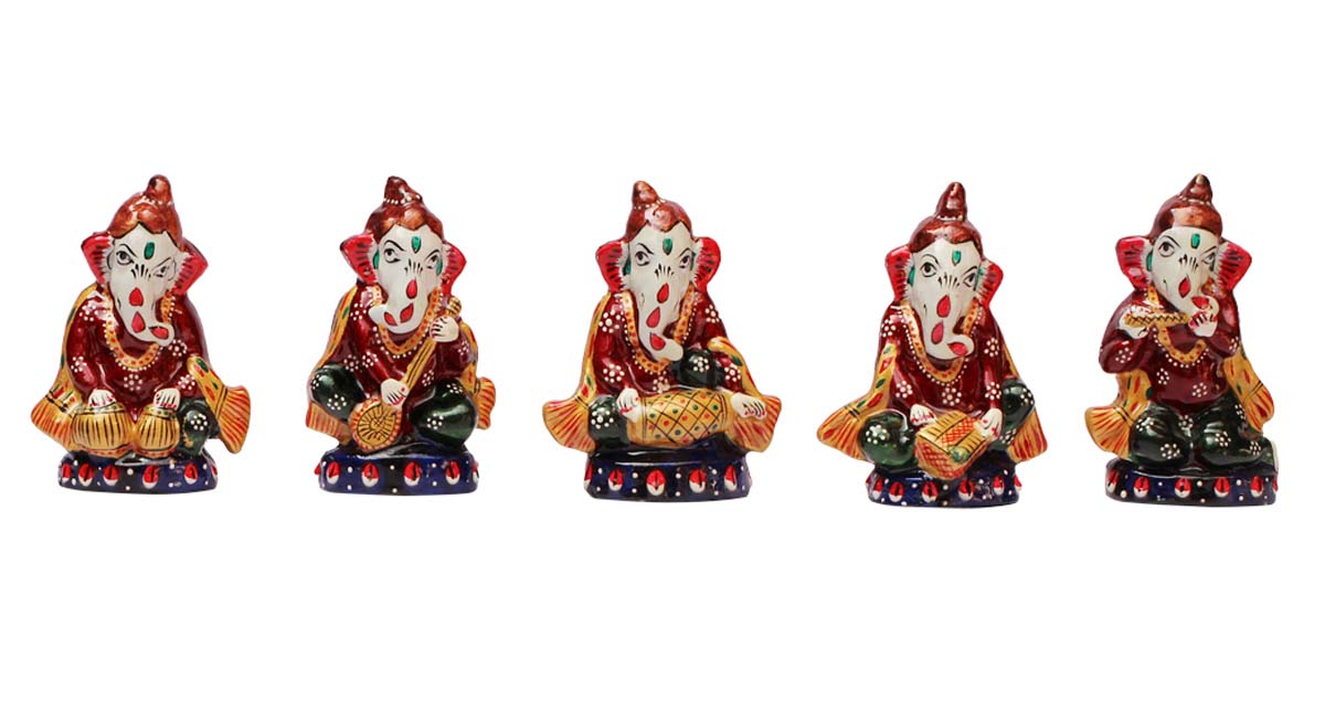 Bulk Wholesale 2.3” Handmade 5 Metal Statues / Sculptures / Idol of Lord Ganesha with Different Instruments – Hand-Painted Art-Piece in Traditional Style Meenakari Art