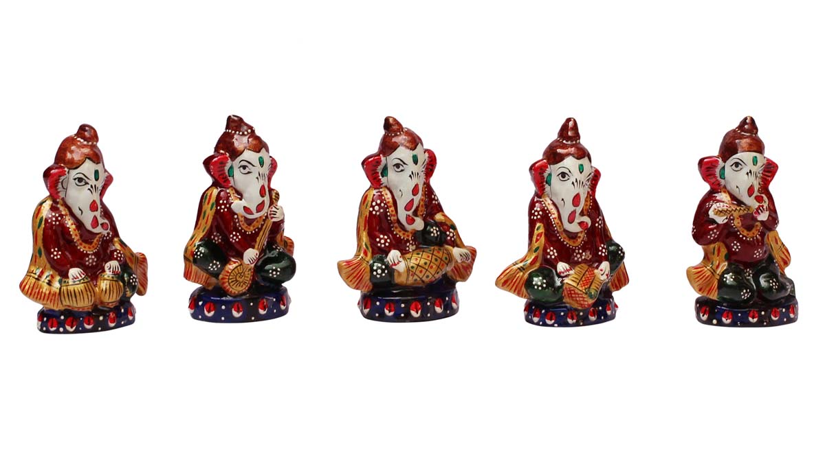 Bulk Wholesale 2.3” Handmade 5 Metal Statues / Sculptures / Idol of Lord Ganesha with Different Instruments – Hand-Painted Art-Piece in Traditional Style Meenakari Art