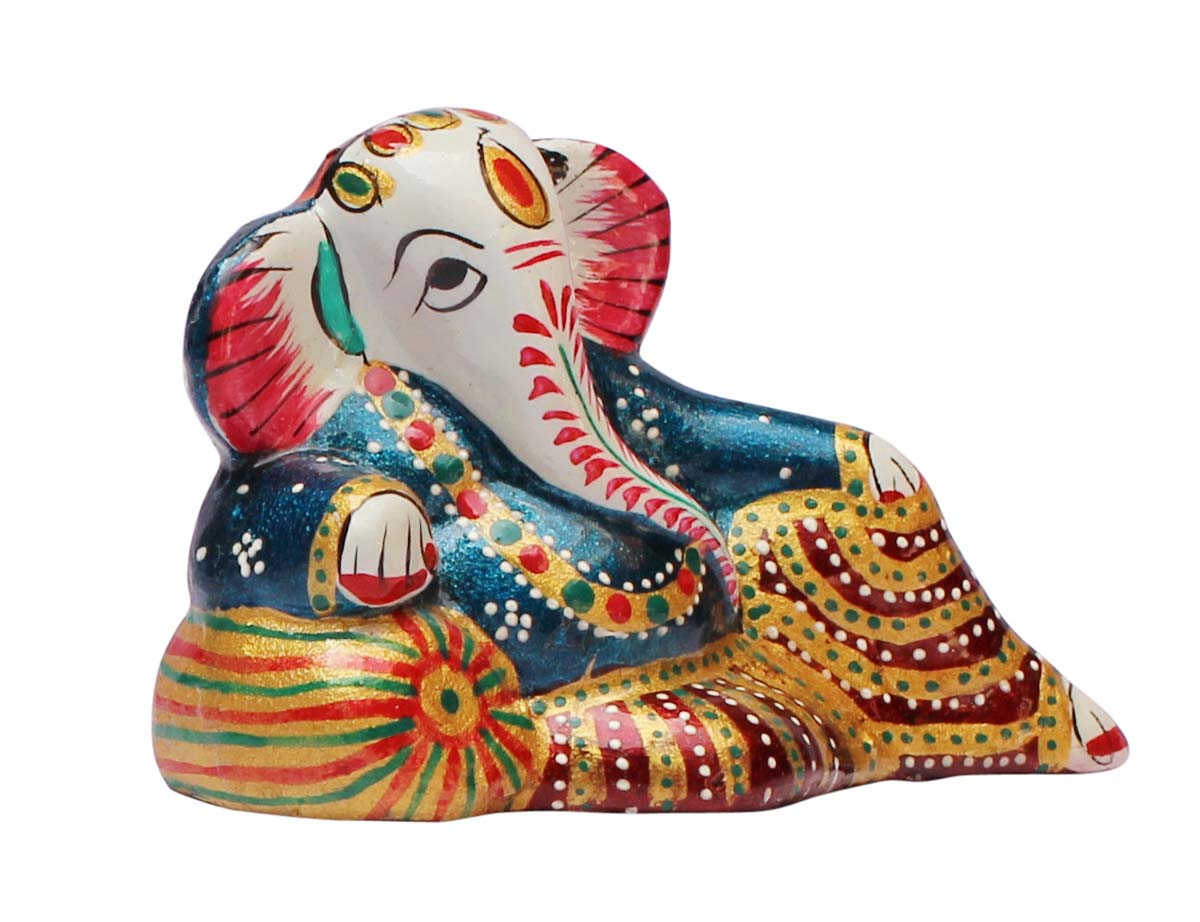 Bulk Wholesale 3.1” Handmade Metal Statue / Sculpture / Idol of Lord Ganesha in Relaxing Pose – Hand-Painted Art-Piece in Traditional Style Meenakari Art – Home Décor from India