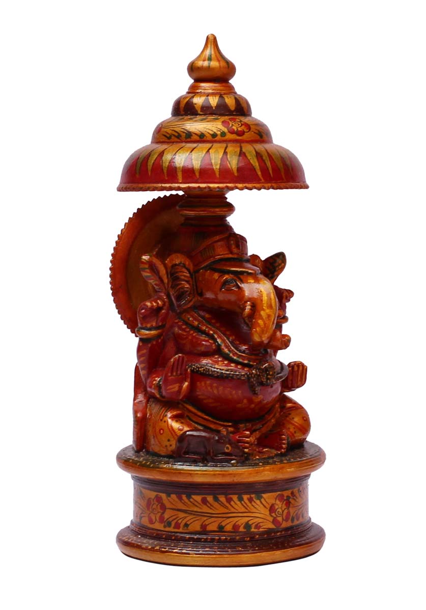 Bulk Wholesale 7” Wooden Statue / Sculpture of Lord Ganesha Sitting under Chatra / Umbrella – Hand-painted Figurine in Golden and More Colors – Auspicious Gifts from India