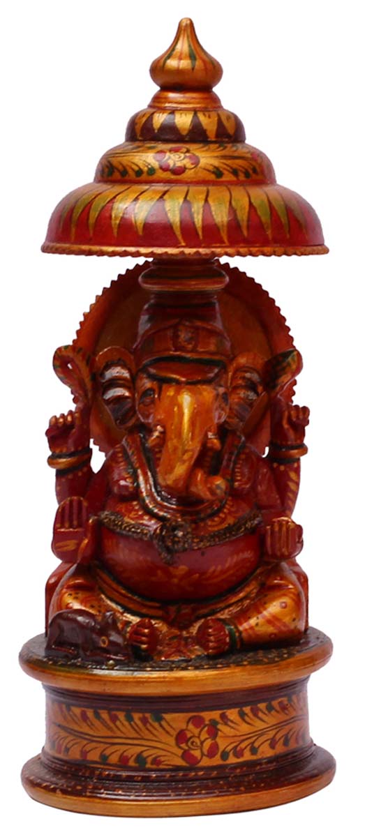 Bulk Wholesale 7” Wooden Statue / Sculpture of Lord Ganesha Sitting under Chatra / Umbrella – Hand-painted Figurine in Golden and More Colors – Auspicious Gifts from India