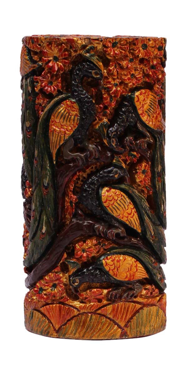 Bulk Wholesale Handmade Center-Piece / Decoration Piece with Peacock Design Carving in Kadam-Wood  – Colorful Art-Piece in Antique-Look