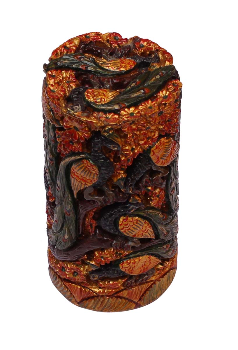 Bulk Wholesale Handmade Center-Piece / Decoration Piece with Peacock Design Carving in Kadam-Wood  – Colorful Art-Piece in Antique-Look