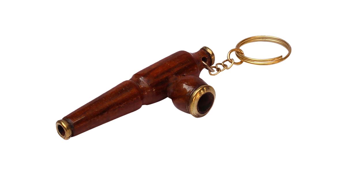 Bulk Wholesale Smoking Pipe Keychain Hand-Carved 3 Inch in Babool Wood & Iron Enhanced with Golden Metal Work - Classy Gift Item
