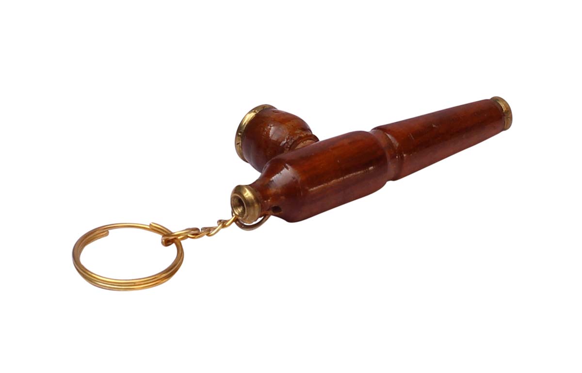 Bulk Wholesale Smoking Pipe Keychain Hand-Carved 3 Inch in Babool Wood & Iron Enhanced with Golden Metal Work - Classy Gift Item