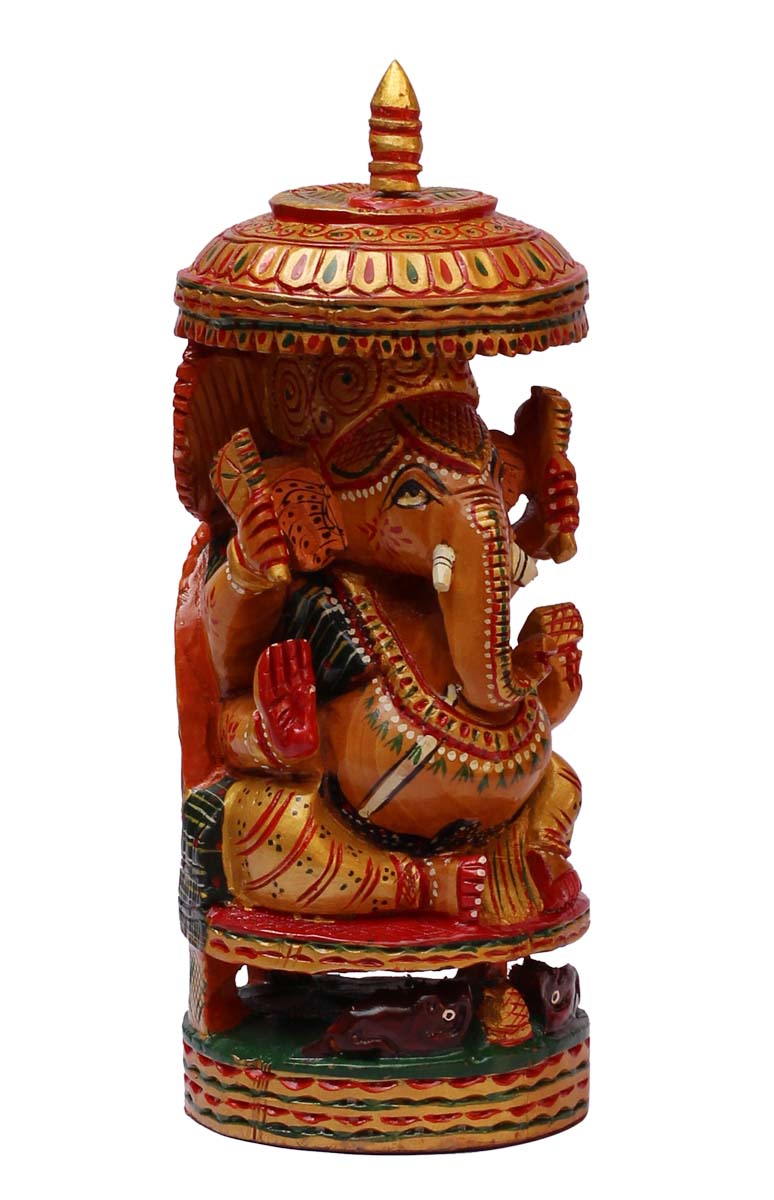 Wholesale Hand-Carved Lord Ganesha Figurine - Buy in Bulk 8.6” Hand-painted Wooden Hindu God Ganpati Figurine/Statue Sitting under Chatra/Umbrella Along with His Mount (Vahana) ‘Mouse’ - Unique Good Luck Charms Sculpture - Home & Office Decor