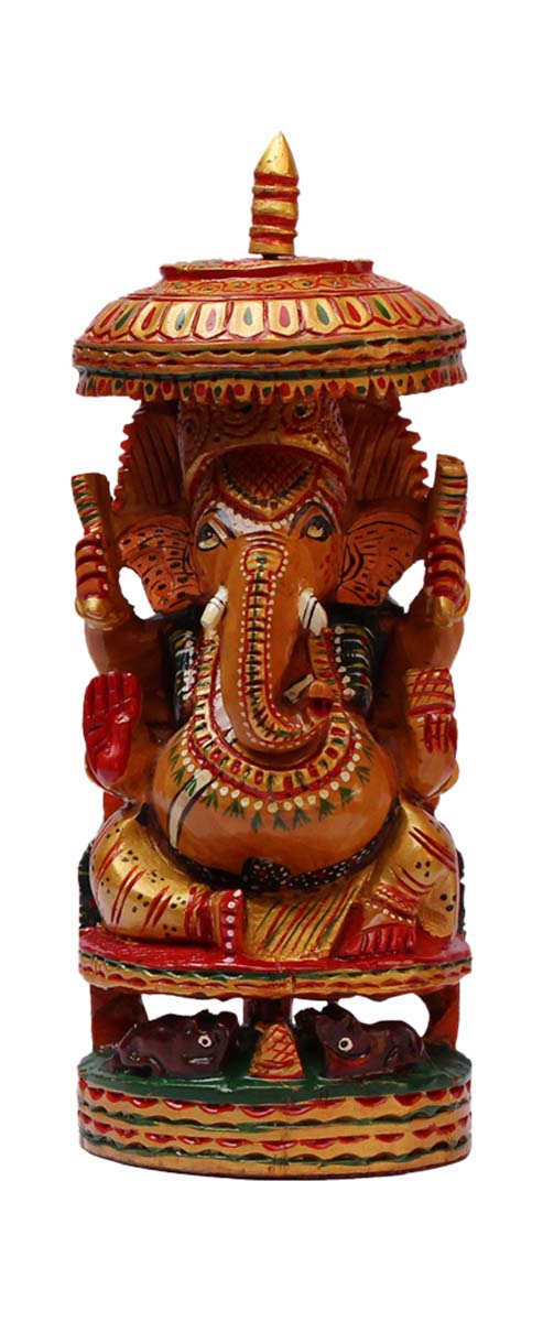 Wholesale Hand-Carved Lord Ganesha Figurine - Buy in Bulk 8.6” Hand-painted Wooden Hindu God Ganpati Figurine/Statue Sitting under Chatra/Umbrella Along with His Mount (Vahana) ‘Mouse’ - Unique Good Luck Charms Sculpture - Home & Office Decor