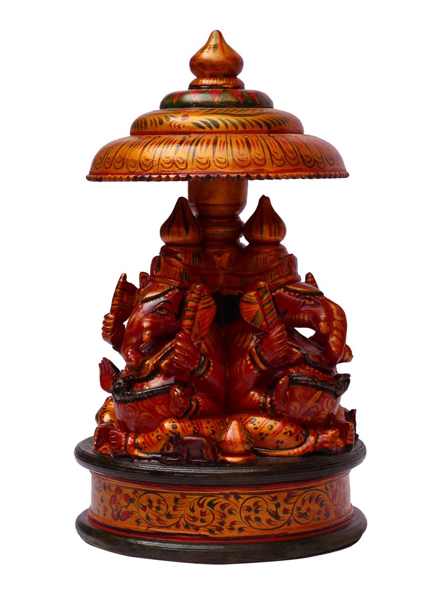 Bulk Wholesale 8” Handmade ‘3 Lord Ganesha’ Sculpture / Idol Sitting under Chatra / Umbrella in Wood – Auspicious Gifting Items / Home Décor from India