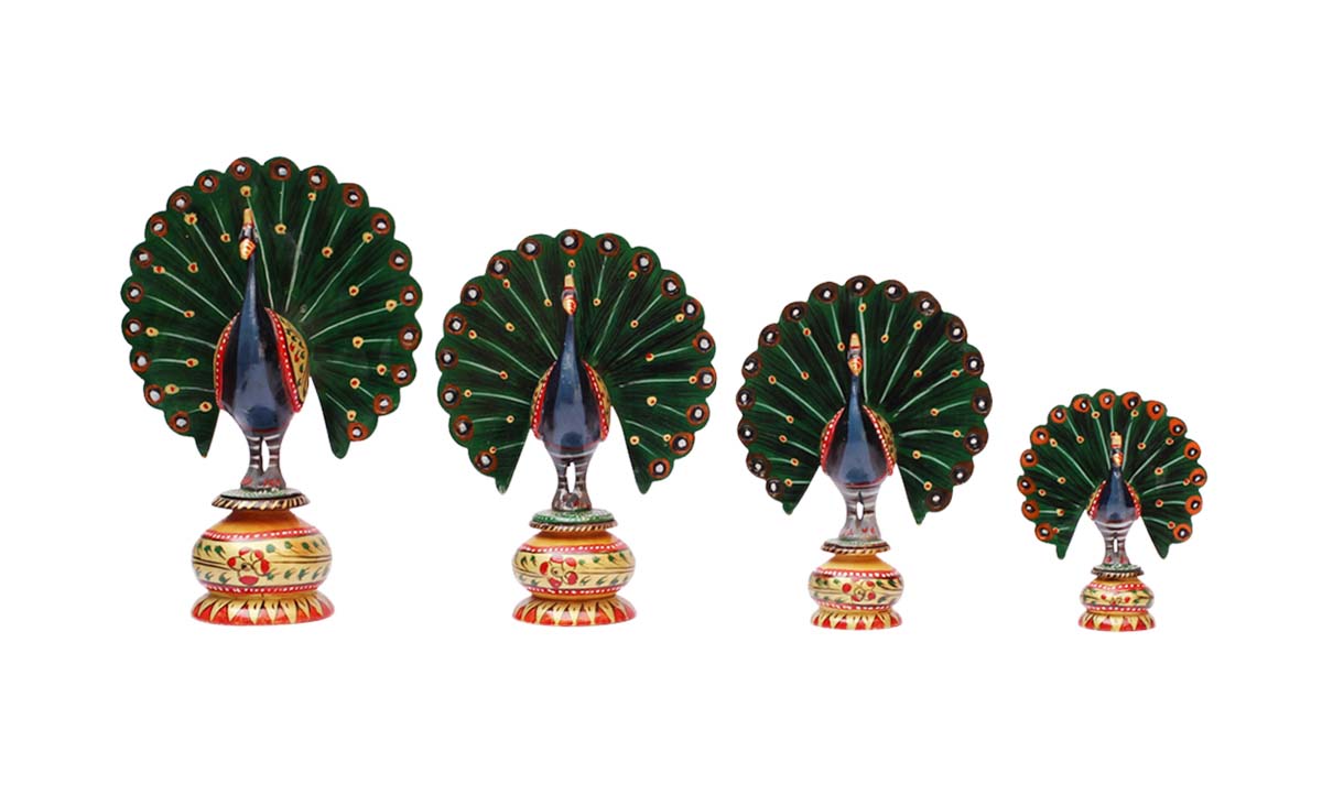 Bulk Wholesale Wooden Sculptures / Statues of Peacocks in Different Sizes (Set of 4) – Hand-Painted in Bright Colors with Traditional Style Motifs – Ethnic-Look Home Décor / Gifts from India