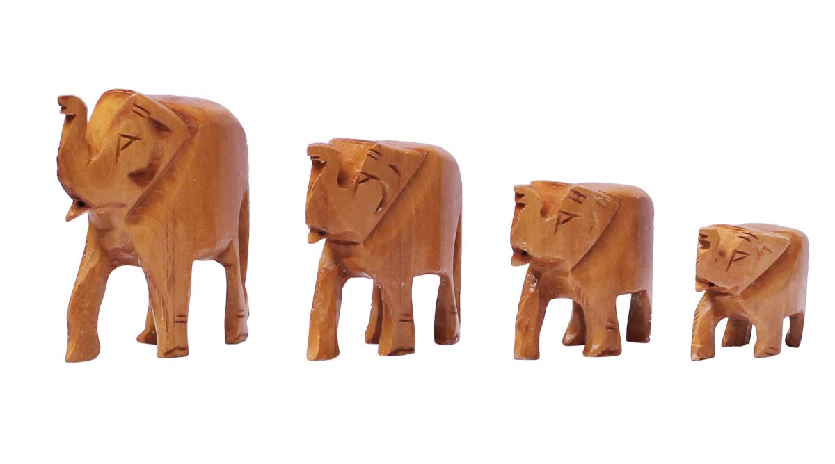 Wholesale Set of 4 Elephants Figurine - Buy in Bulk Hand Carved Wood Elephant Statue/Sculpture - Home & Office Decor from India