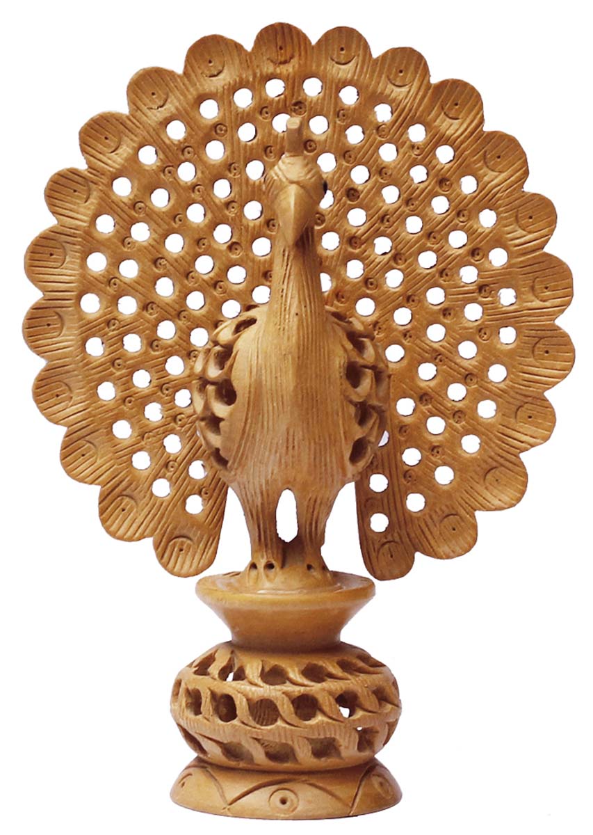 Wholesale Dancing Peacock Figurine with Open Feathers - Buy in Bulk 5.2” Wood Peacock Figurine/Statue with Hand-Carved Art-Piece in Rare & Intricate Open-Work Art- Unique Animal Decor Sculpture