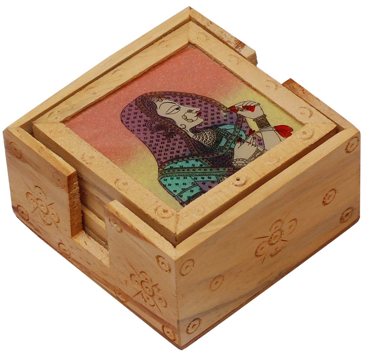 Bulk Wholesale Set of 6 Coasters Hand-Carved in Wood - Hand-Painted Kitchen/ Dining Decor with Gem Stone Dust Painting of a Lady