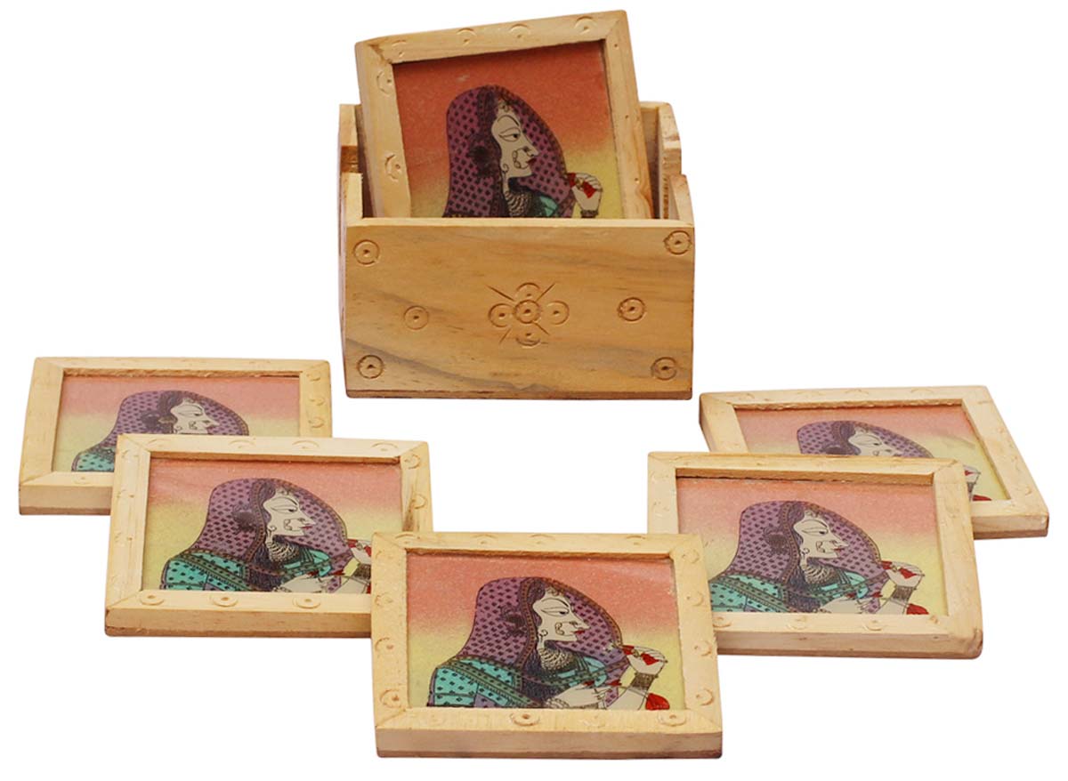 Bulk Wholesale Set of 6 Coasters Hand-Carved in Wood - Hand-Painted Kitchen/ Dining Decor with Gem Stone Dust Painting of a Lady