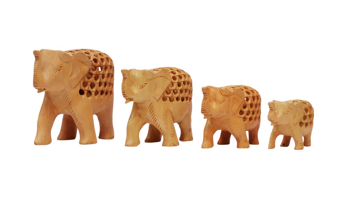 Wholesale Set of 4 Elephants Figurine - Buy in Bulk Hand Carved Wood Elephant Statue/Sculpture with Open-Work Art- Home & Office Decor from India