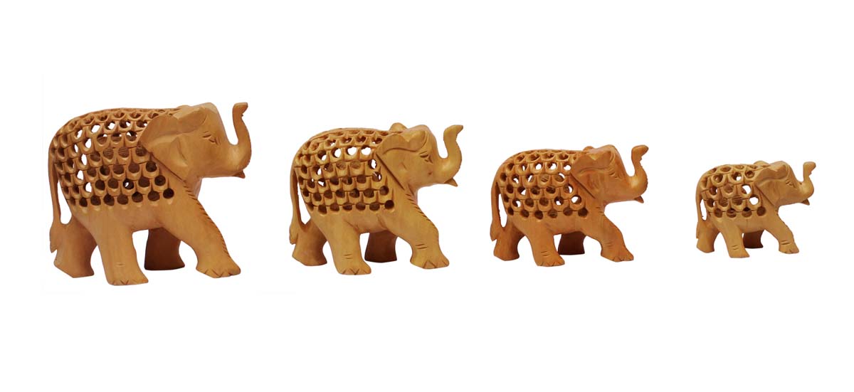 Wholesale Set of 4 Elephants Figurine - Buy in Bulk Hand Carved Wood Elephant Statue/Sculpture with Open-Work Art- Home & Office Decor from India