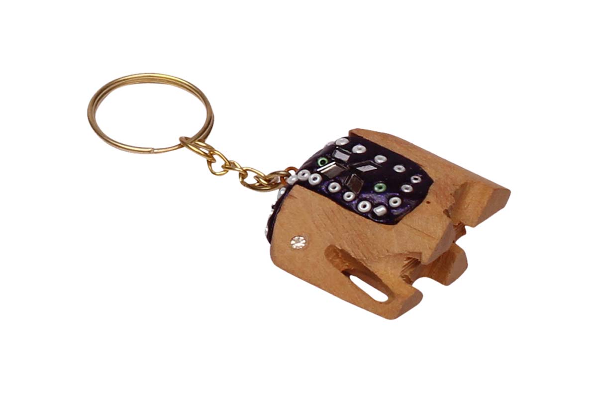 Bulk Wholesale Key Chain with Elephant in Wood & Iron Chain - Handmade Unique Gift Item Decorated with Mirror Work